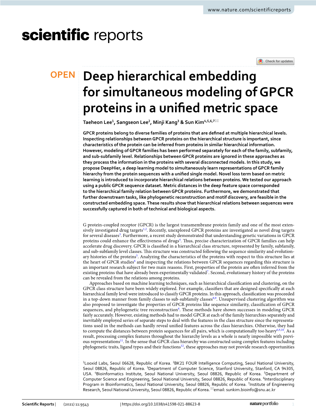 Deep Hierarchical Embedding for Simultaneous Modeling of GPCR Proteins in a Unifed Metric Space Taeheon Lee1, Sangseon Lee2, Minji Kang3 & Sun Kim4,5,6,7*
