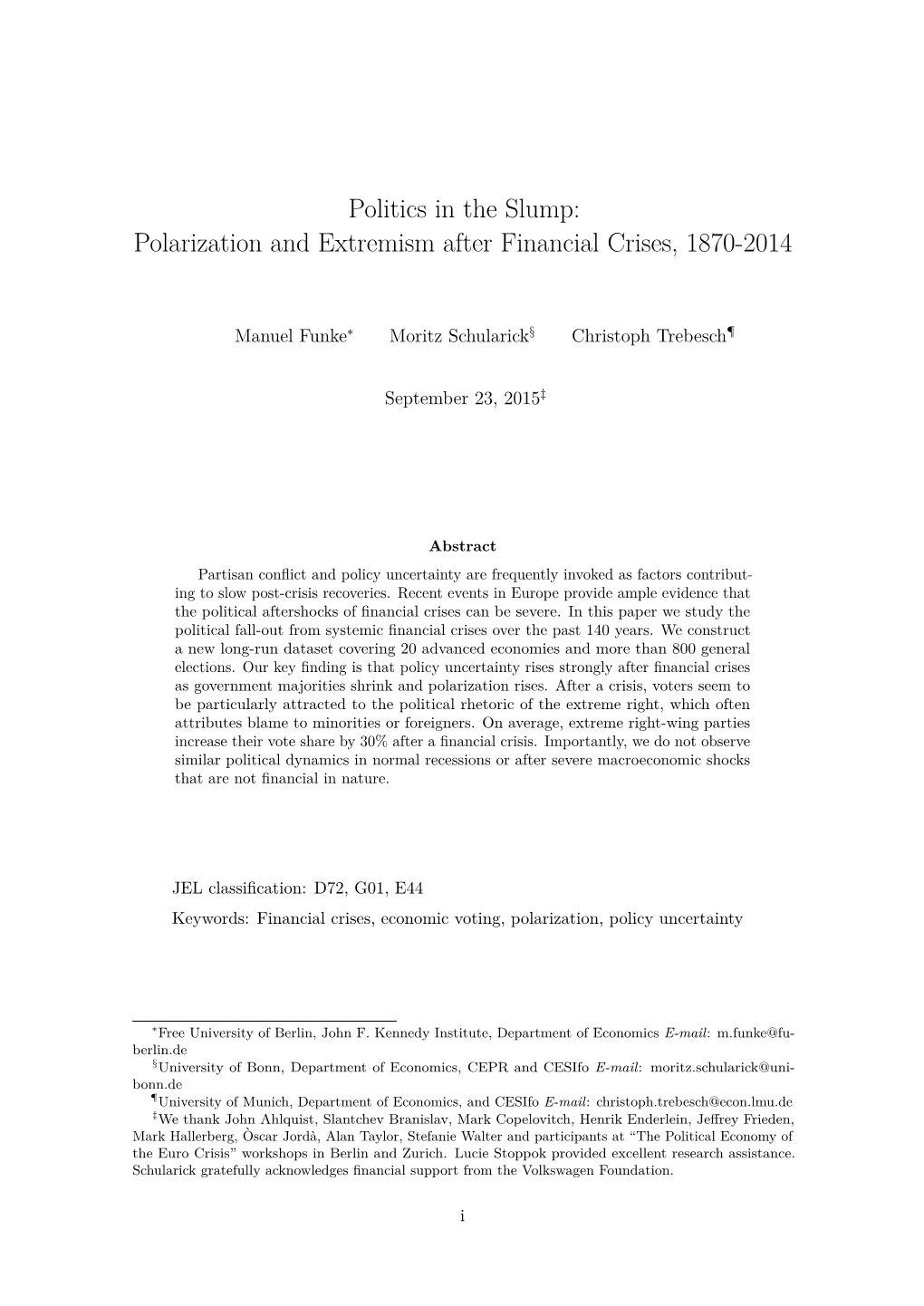 Politics in the Slump: Polarization and Extremism After Financial Crises, 1870-2014