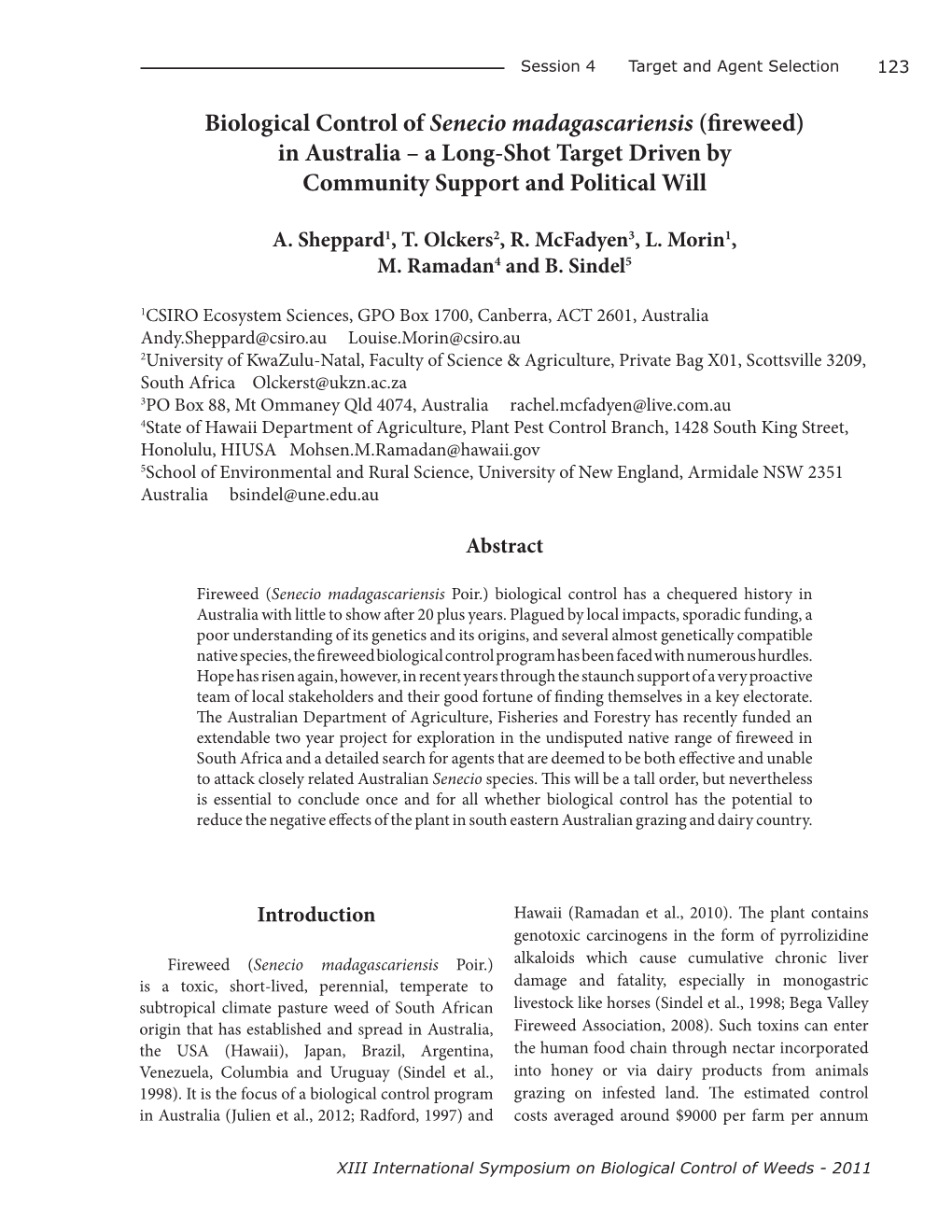 Biological Control of Senecio Madagascariensis (Fireweed) in Australia – a Long-Shot Target Driven by Community Support and Political Will