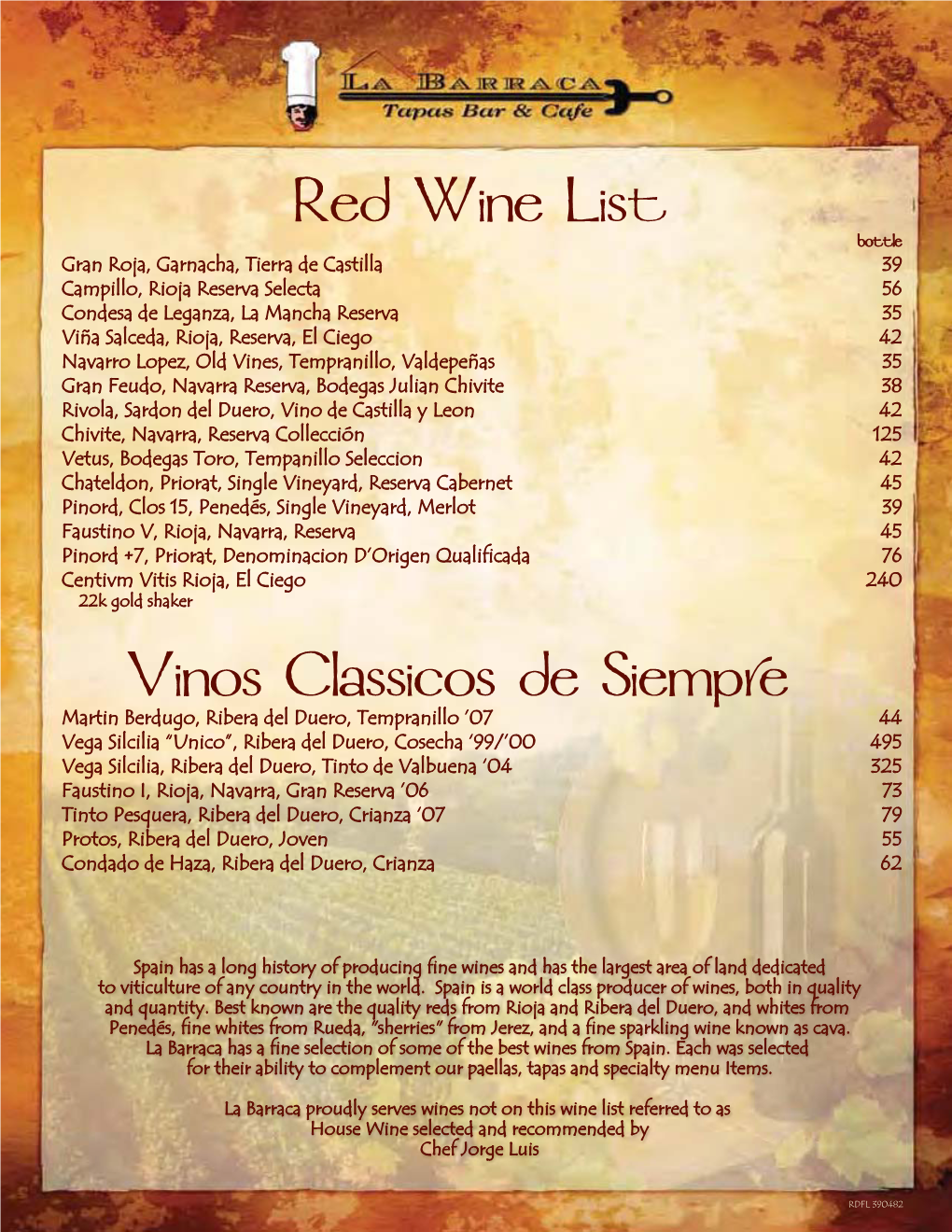 Red Wine List Vinos Classicos De Siempre