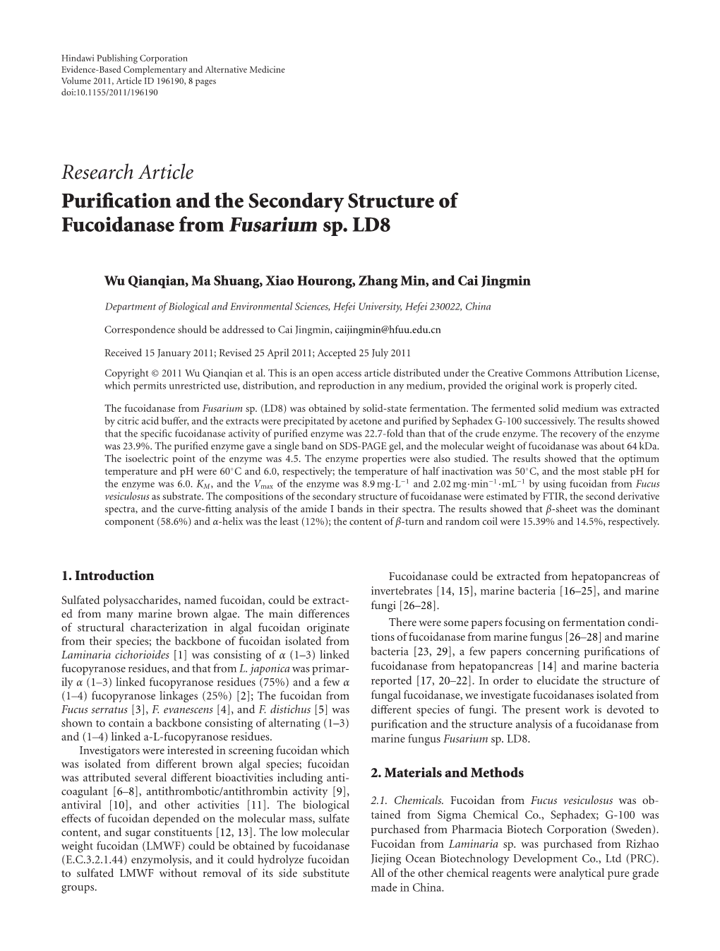 Purification and the Secondary Structure of Fucoidanase from Fusarium Sp