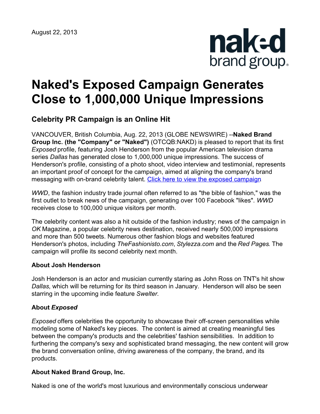 Naked's Exposed Campaign Generates Close to 1,000,000 Unique Impressions