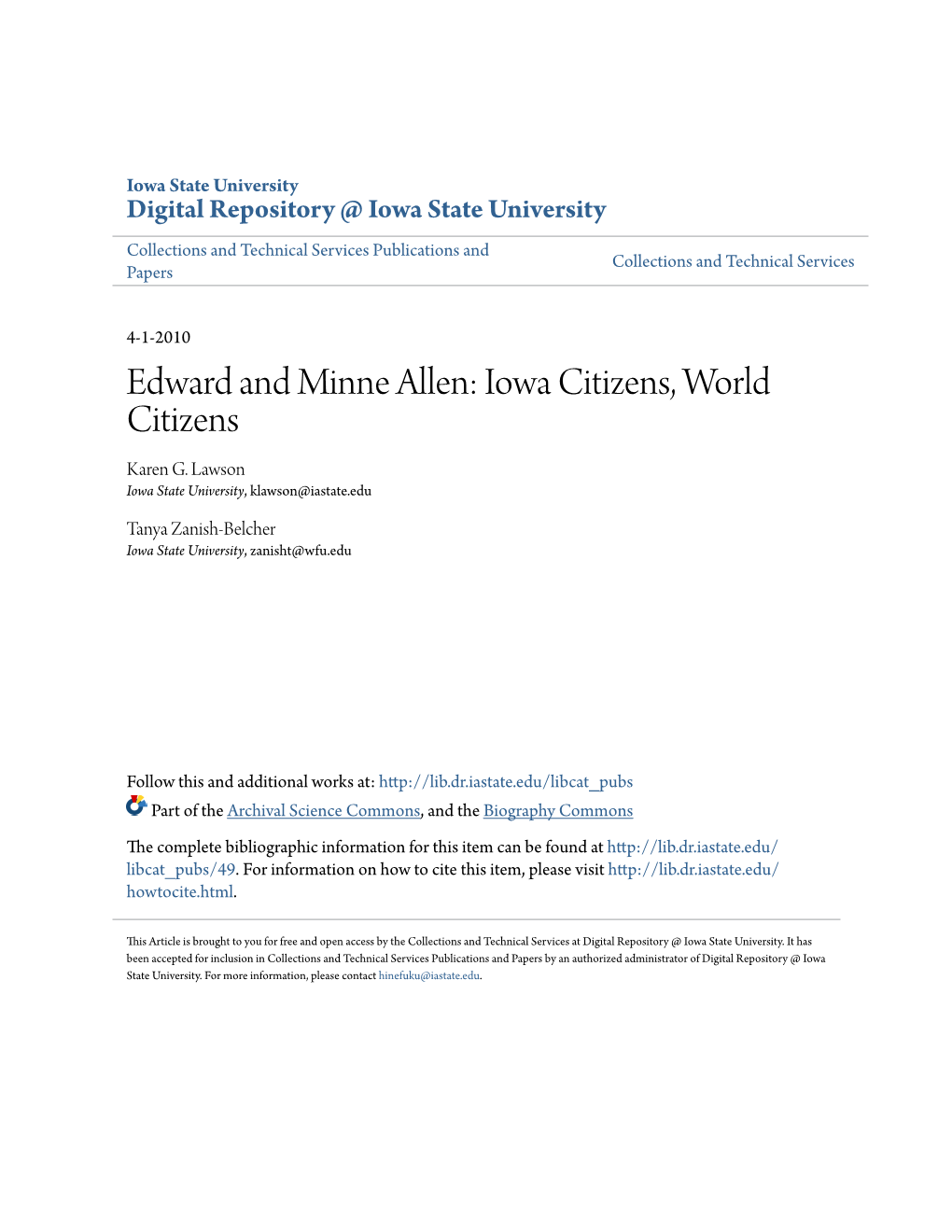 Edward and Minne Allen: Iowa Citizens, World Citizens Karen G