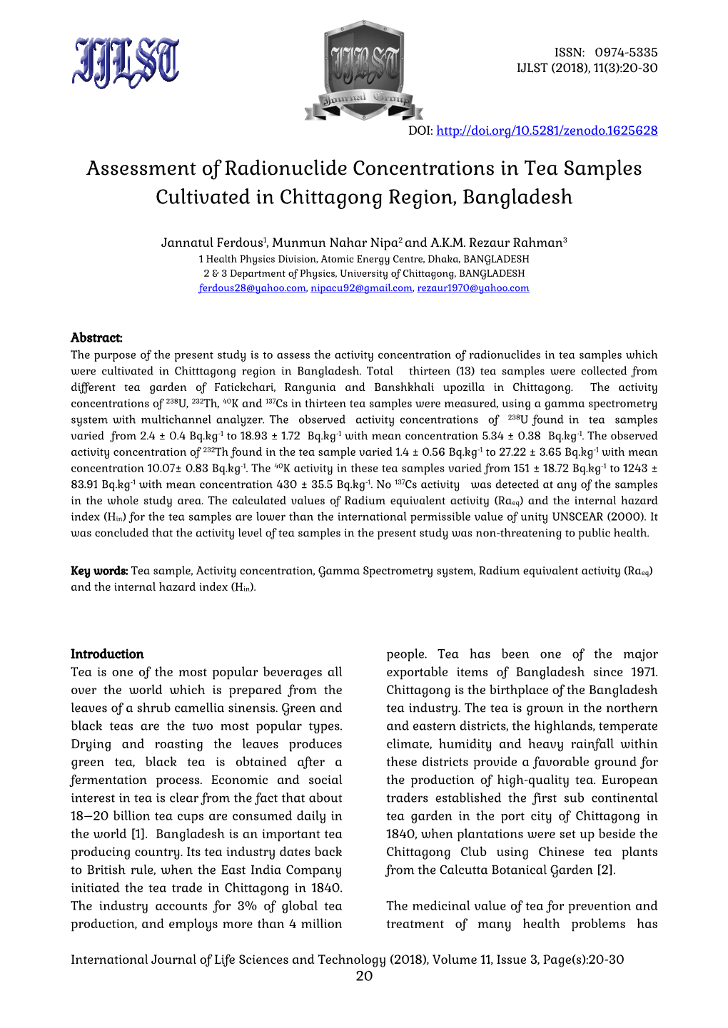 Assessment of Radionuclide Concentrations in Tea Samples Cultivated in Chittagong Region, Bangladesh