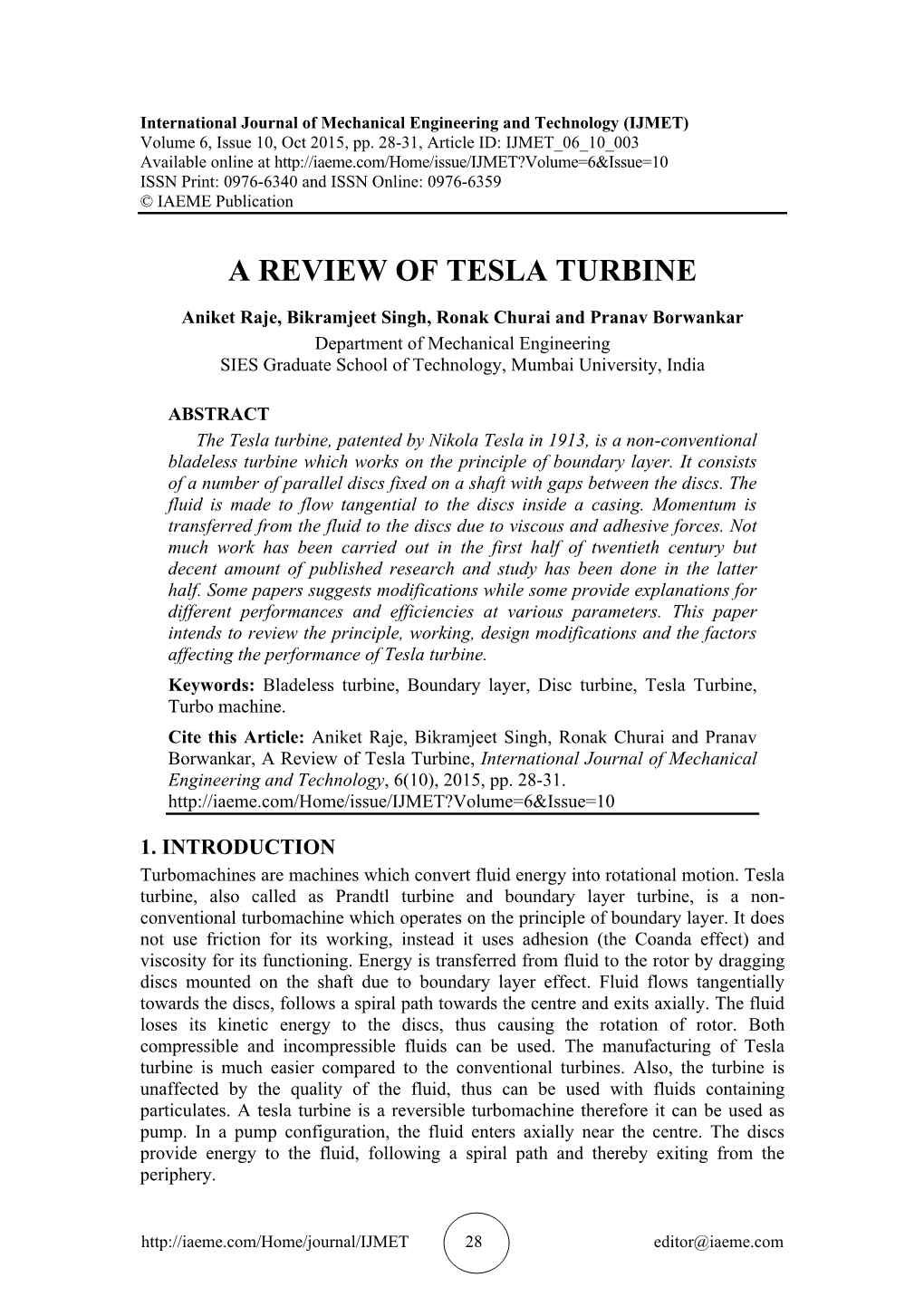 A Review of Tesla Turbine