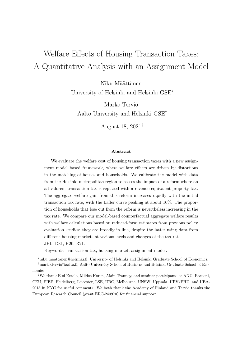 Welfare Effects of Housing Transaction Taxes