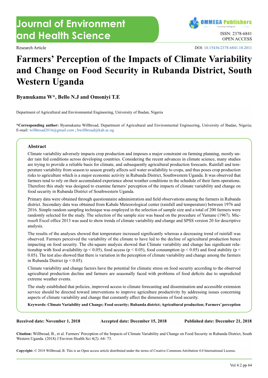 Farmers' Perception of the Impacts of Climate Variability and Change On