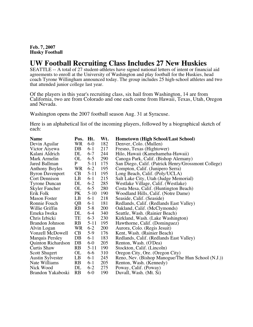 UW Football Recruiting Class Includes 27 New Huskies