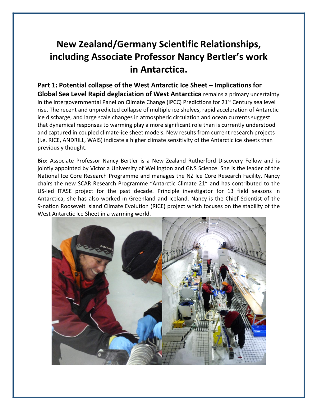 New Zealand/Germany Scientific Relationships, Including Associate Professor Nancy Bertler’S Work in Antarctica