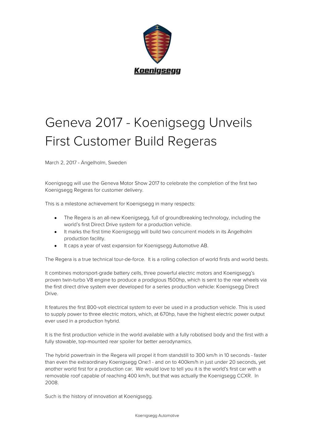 Geneva 2017 - Koenigsegg Unveils First Customer Build Regeras