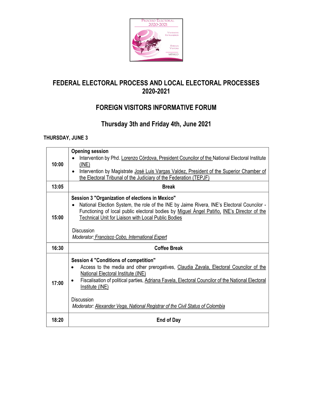 FEDERAL ELECTORAL PROCESS and LOCAL ELECTORAL PROCESSES 2020-2021 FOREIGN VISITORS INFORMATIVE FORUM Thursday 3Th and Friday 4