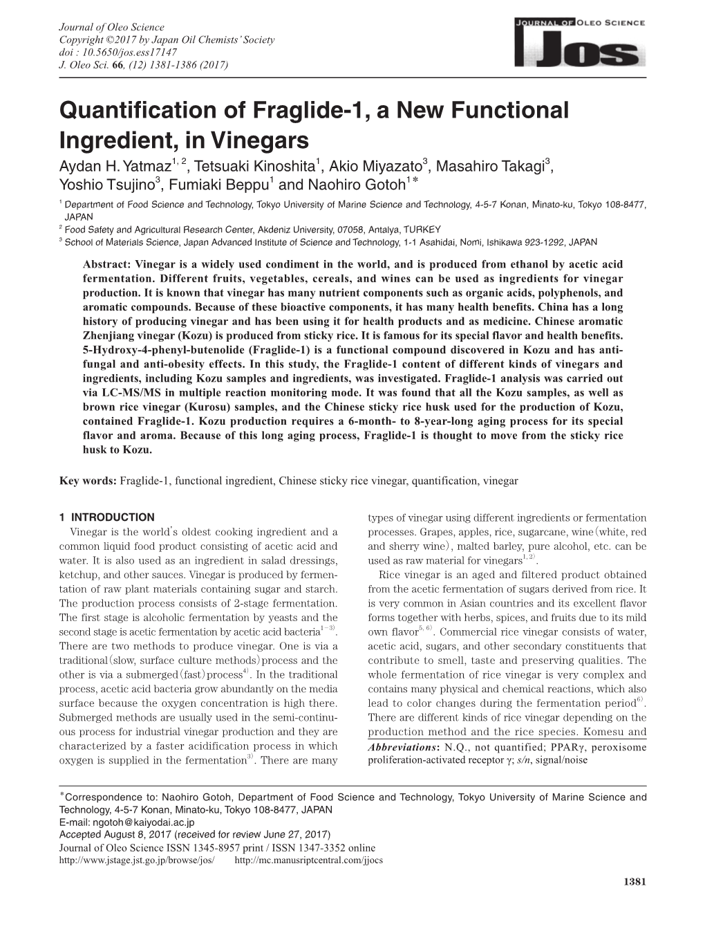 Quantification of Fraglide-1, a New Functional Ingredient, in Vinegars Aydan H
