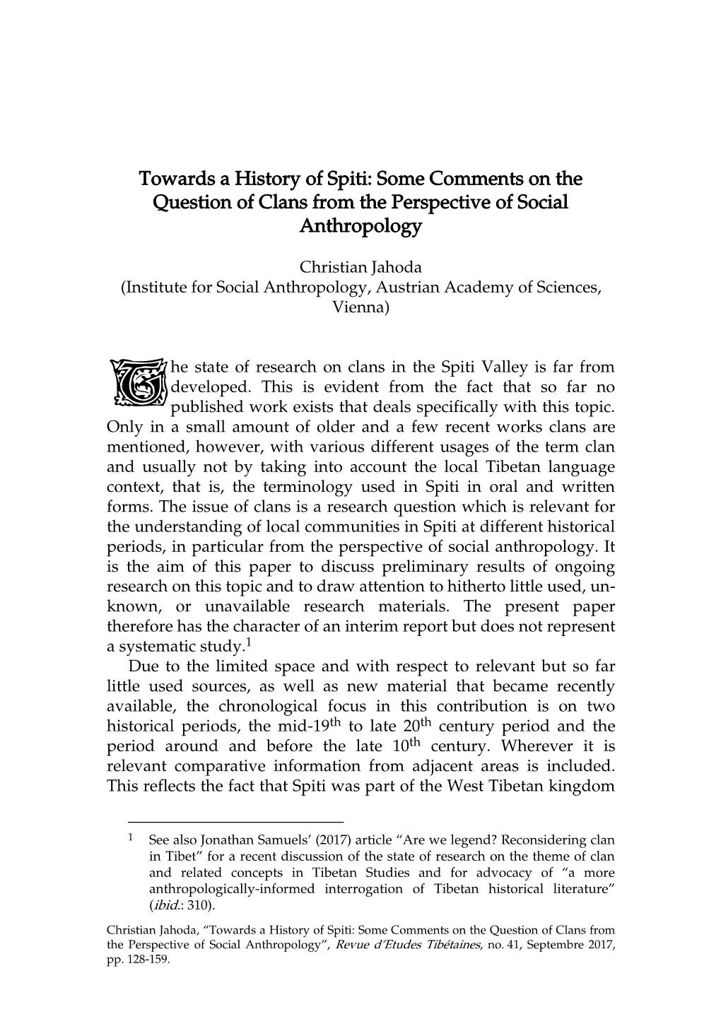 Towards a History of Spiti: Some Comments on the Question of Clans from the Perspective of Social Anthropology