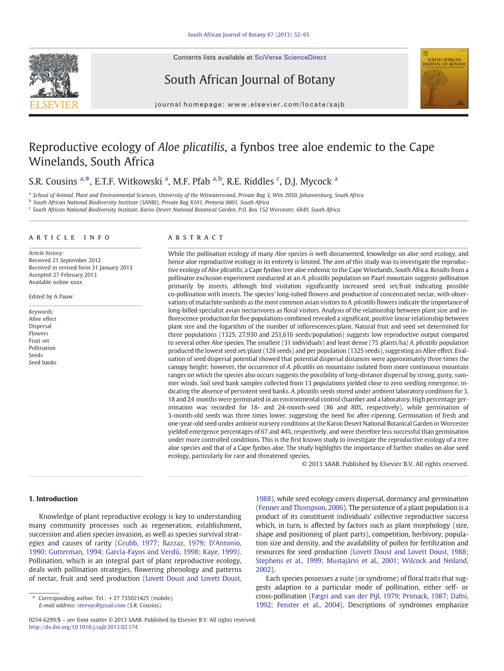 Reproductive Ecology of Aloe Plicatilis, a Fynbos Tree Aloe Endemic to the Cape Winelands, South Africa