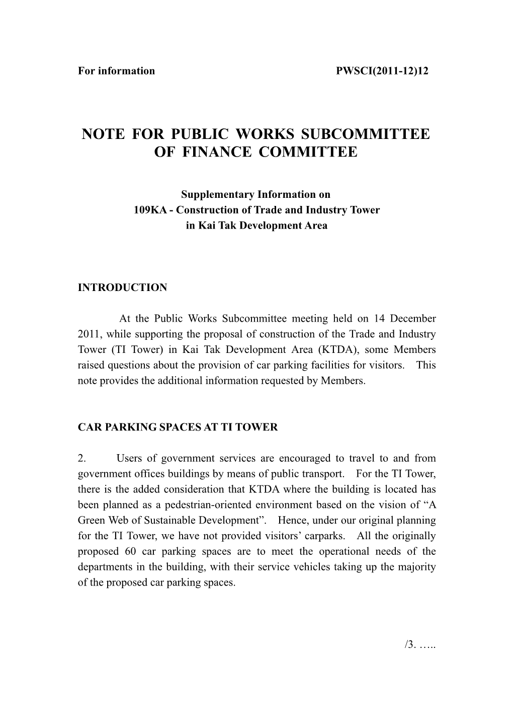 Note for Public Works Subcommittee of Finance Committee