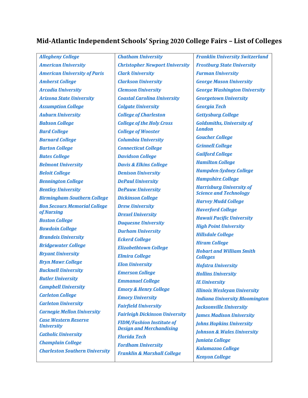 Mid-Atlantic Independent Schools' Spring 2020 College Fairs – List Of