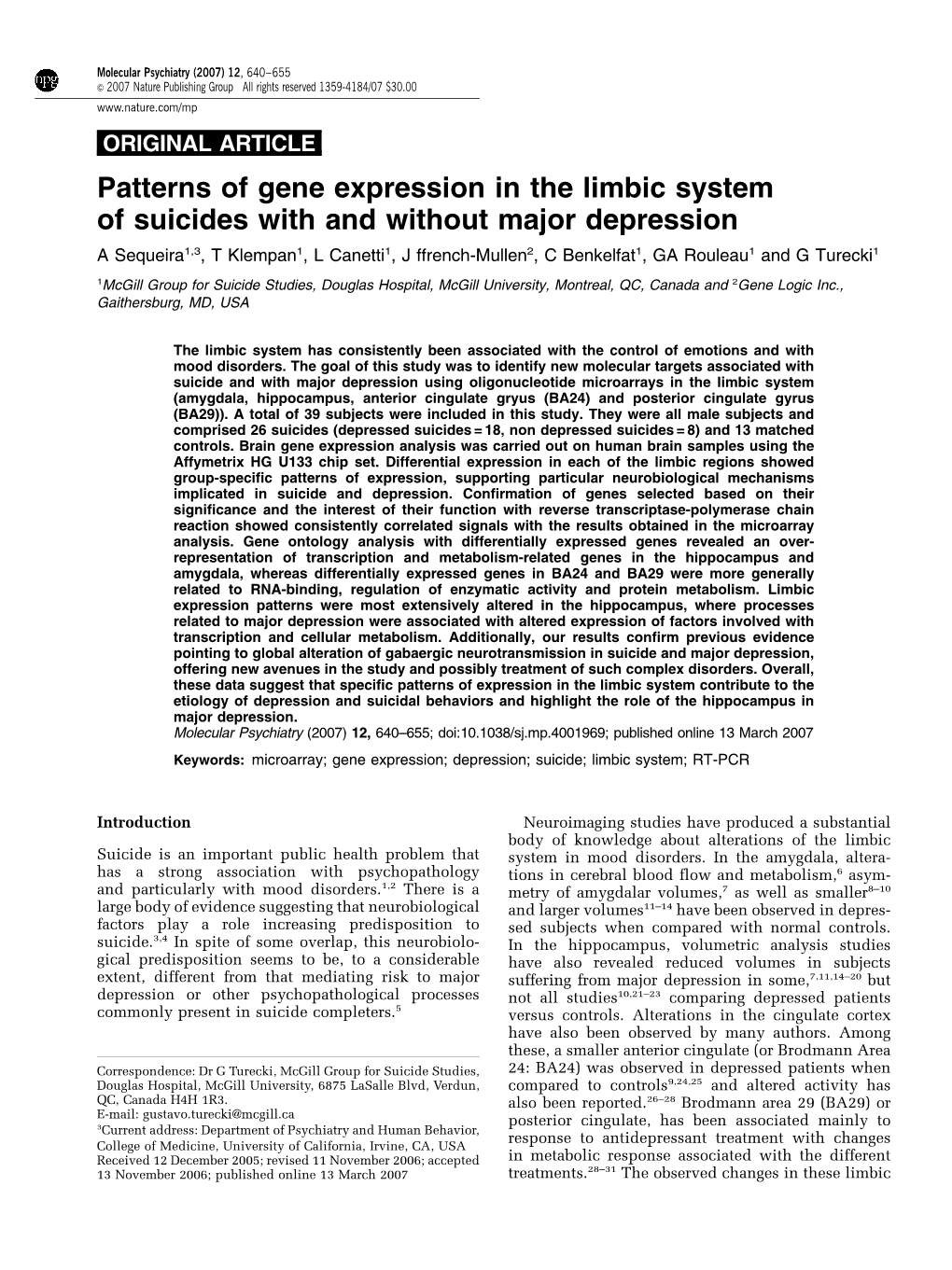 Patterns of Gene Expression in the Limbic System of Suicides with And