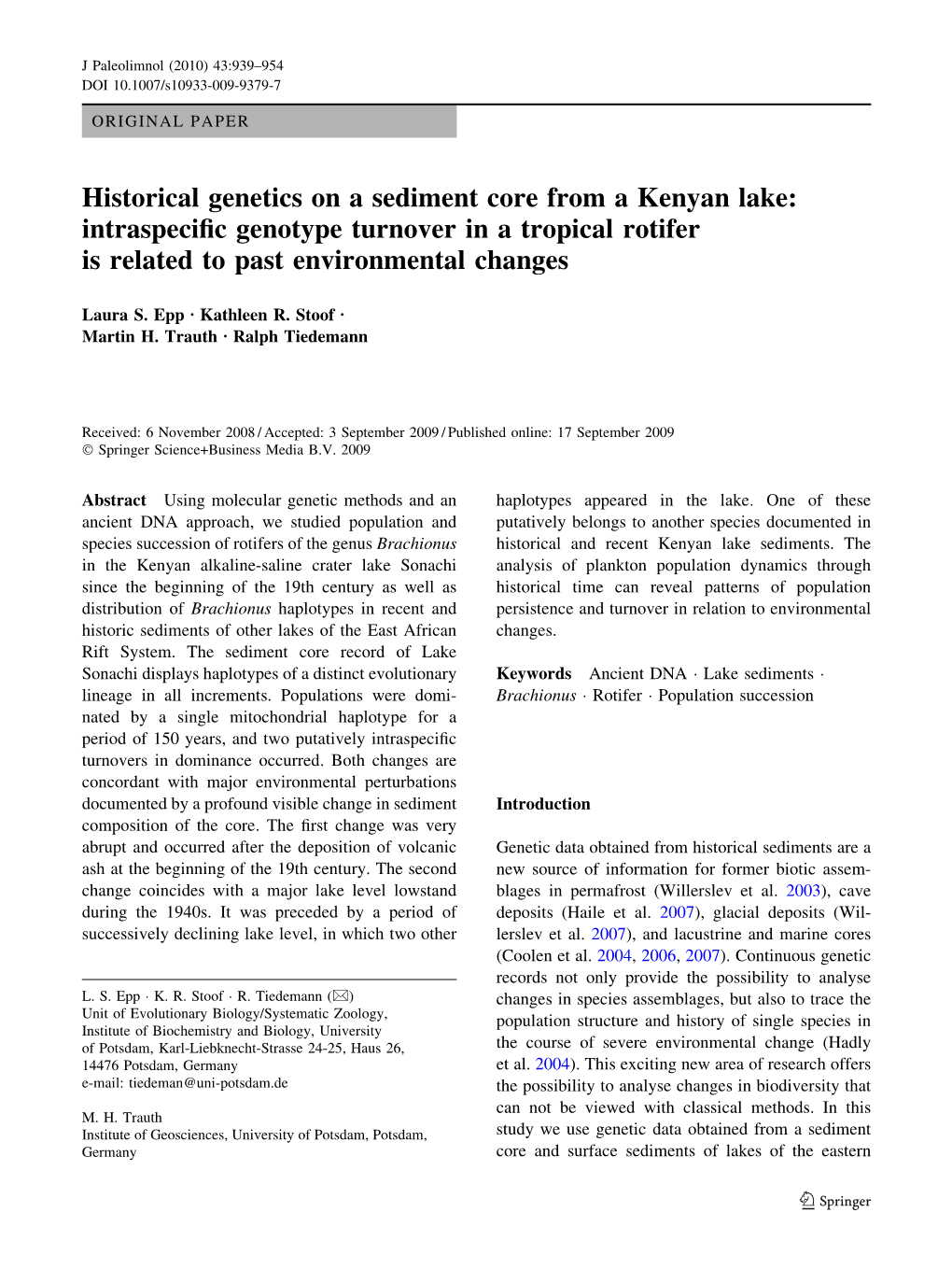 Historical Genetics on a Sediment Core from a Kenyan Lake: Intraspecific