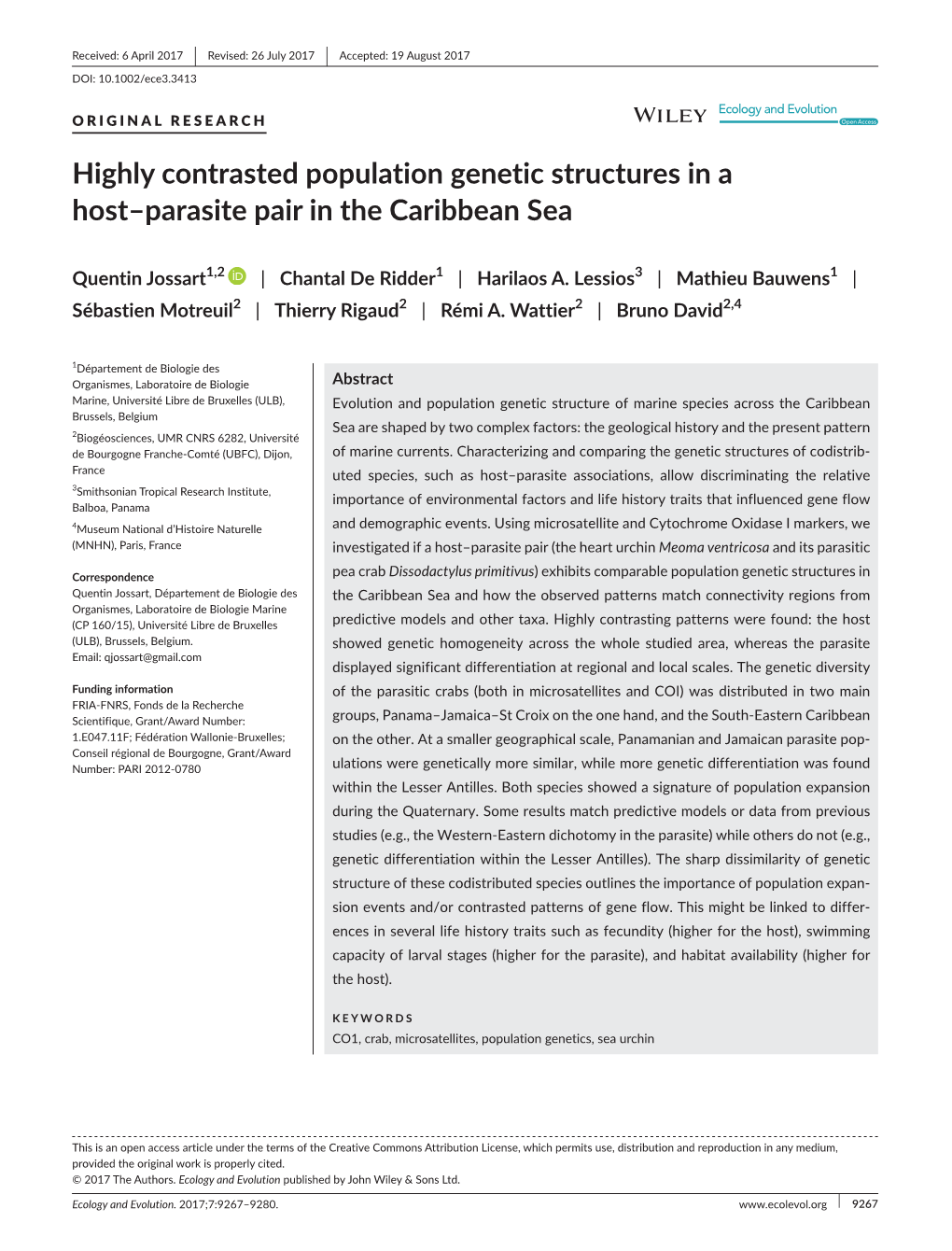 Highly Contrasted Population Genetic Structures in a Host&#X2013;Parasite Pair in the Caribbean