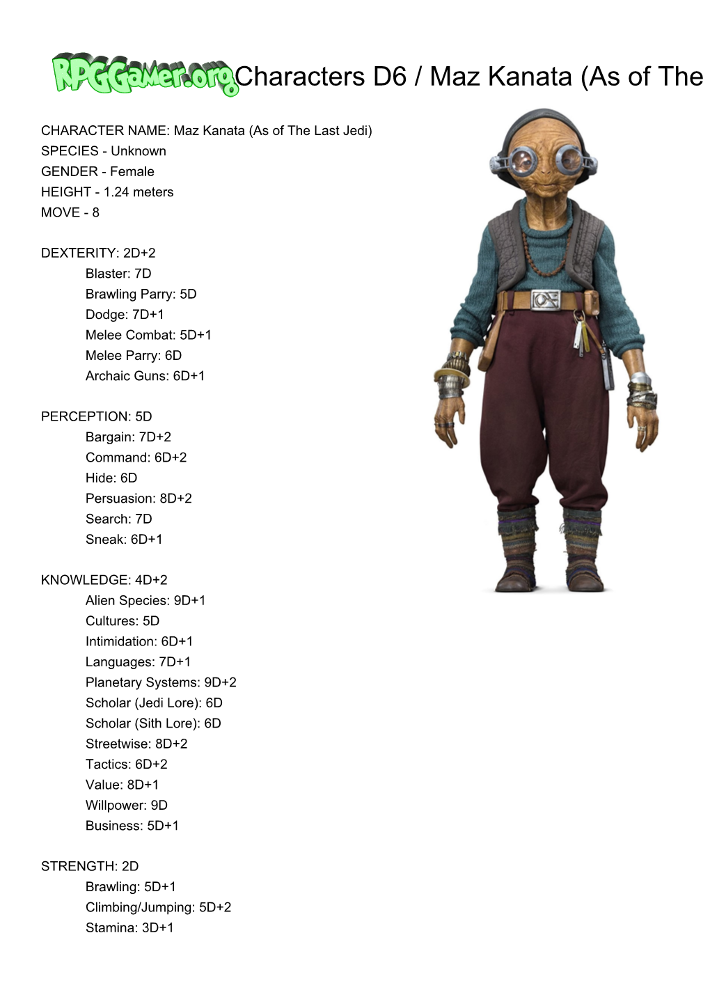 Rpggamer.Org (Characters D6 / Maz Kanata (As of the Last Jedi)) Printer Friendly