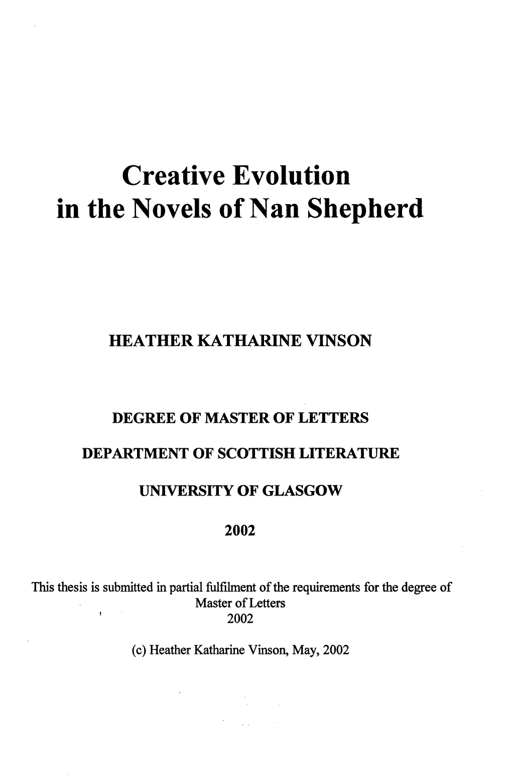 Creative Evolution in the Novels of Nan Shepherd