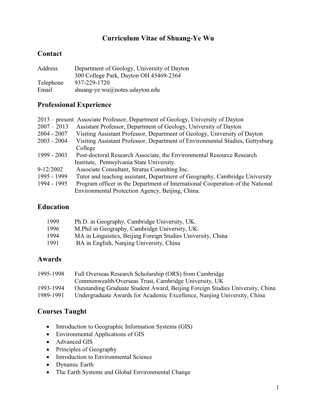 Curriculum Vitae of Shuang-Ye Wu