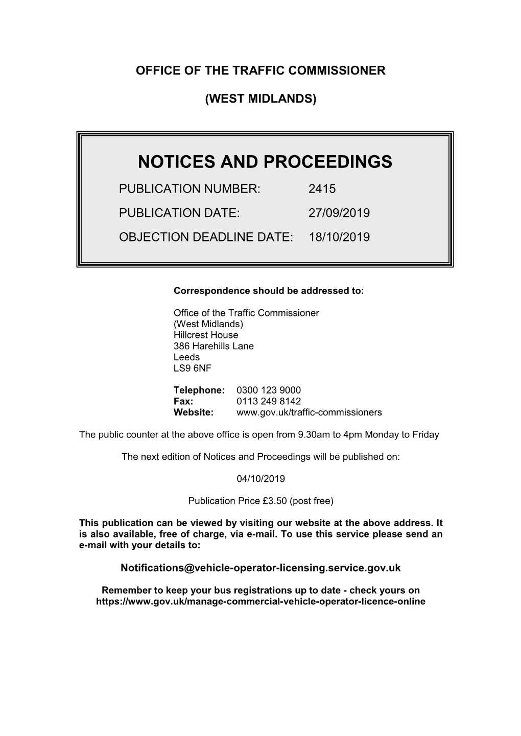 Notices and Proceedings for West Midlands