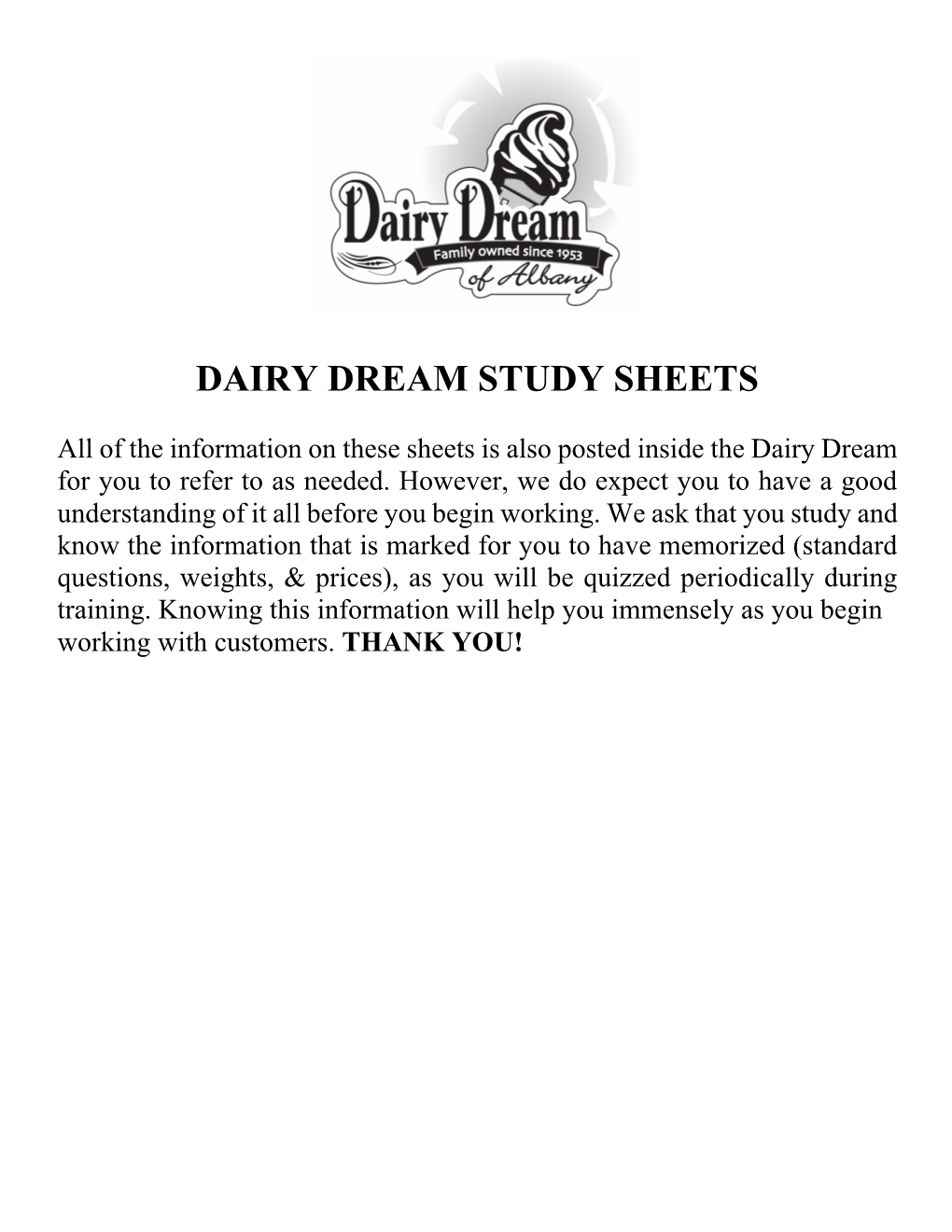 Dairy Dream Study Sheets