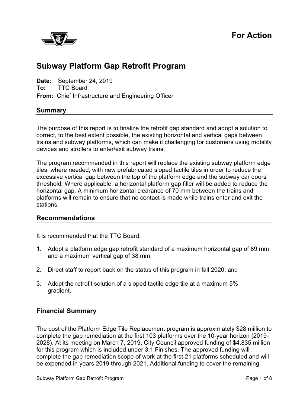 For Action Subway Platform Gap Retrofit Program