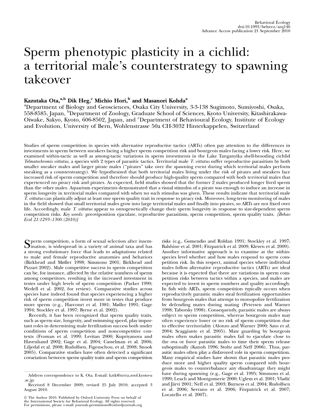 Sperm Phenotypic Plasticity in a Cichlid: a Territorial Male’S Counterstrategy to Spawning Takeover