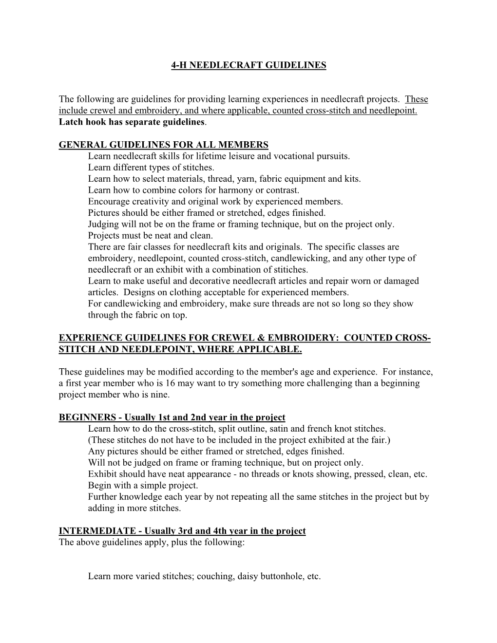 4-H NEEDLECRAFT GUIDELINES the Following Are Guidelines For