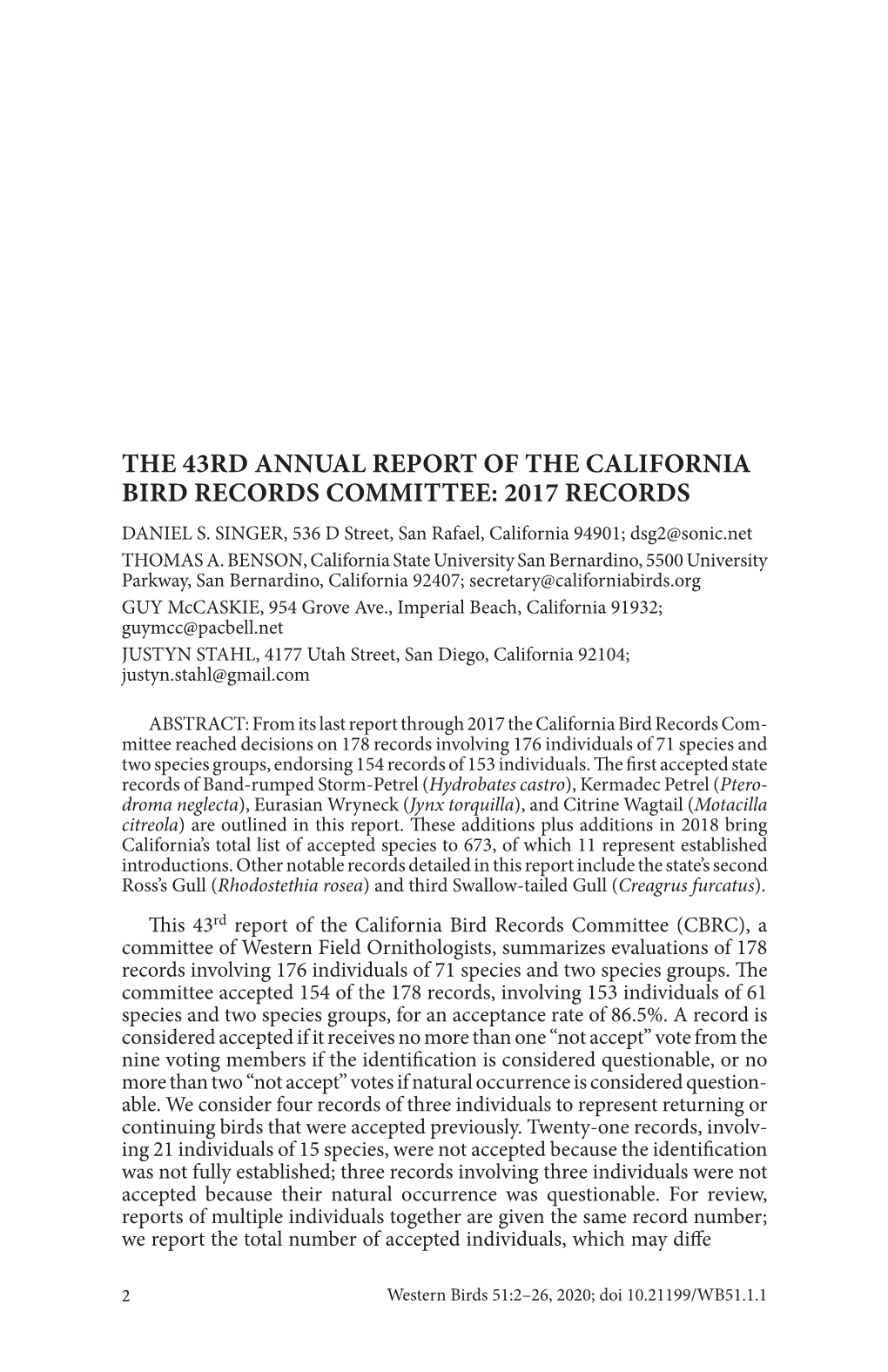 THE 43Rd ANNUAL REPORT of the CALIFORNIA BIRD RECORDS COMMITTEE: 2017 RECORDS DANIEL S
