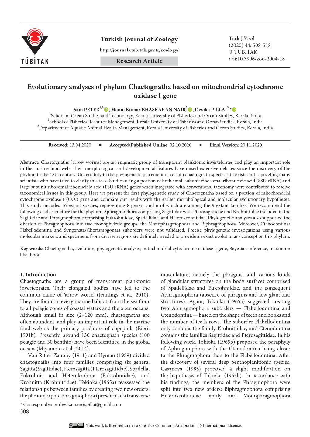 Evolutionary Analyses of Phylum Chaetognatha Based on Mitochondrial Cytochrome Oxidase I Gene