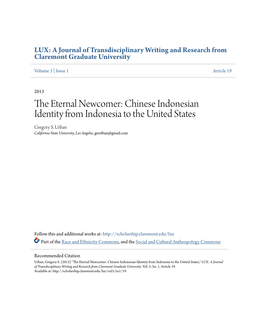 Chinese Indonesian Identity from Indonesia to the United States Gregory S