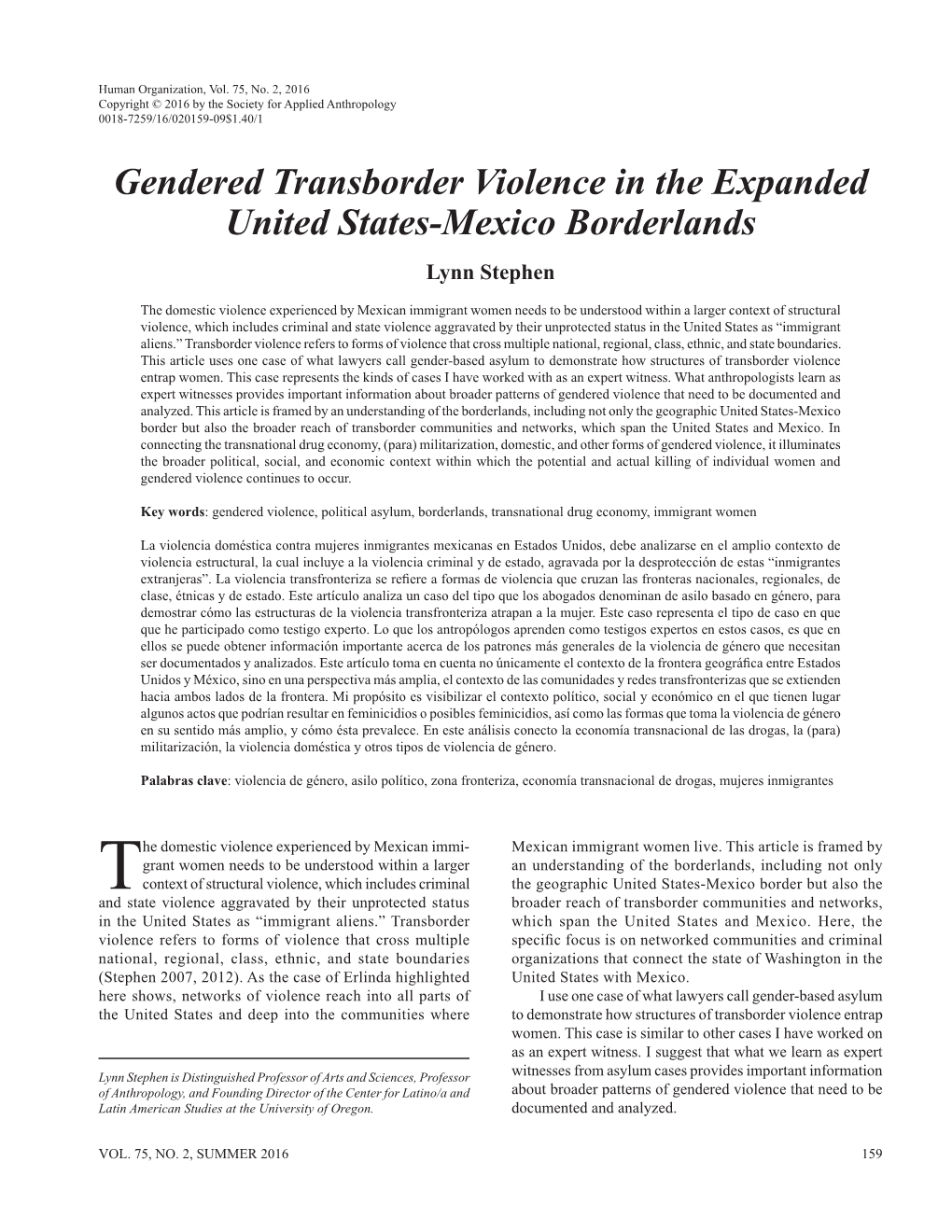 Gendered Transborder Violence in the Expanded United States-Mexico Borderlands Lynn Stephen