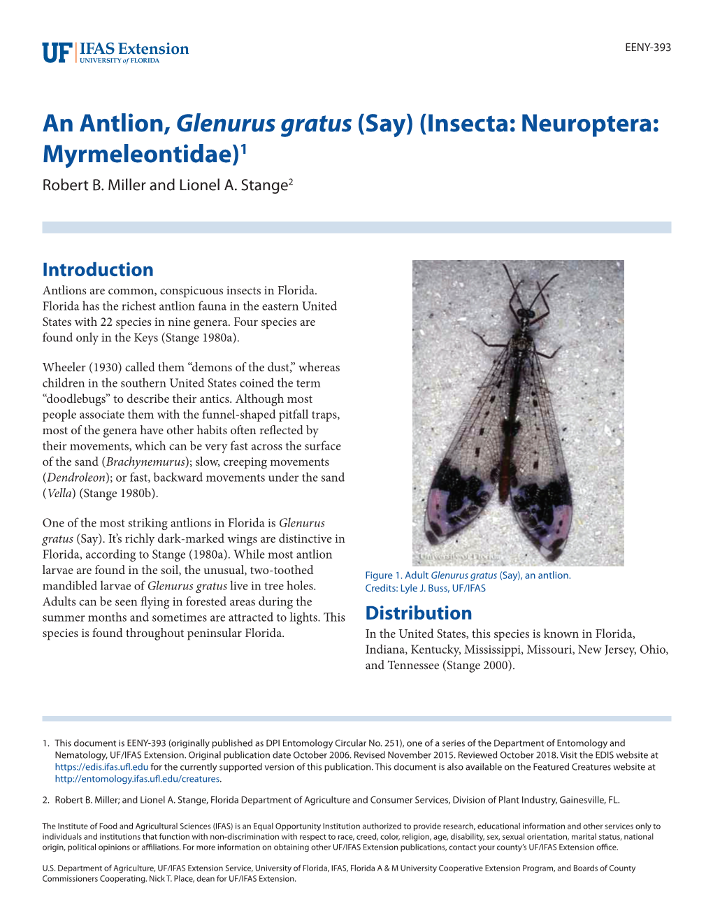 An Antlion, Glenurus Gratus (Say) (Insecta: Neuroptera: Myrmeleontidae)1 Robert B