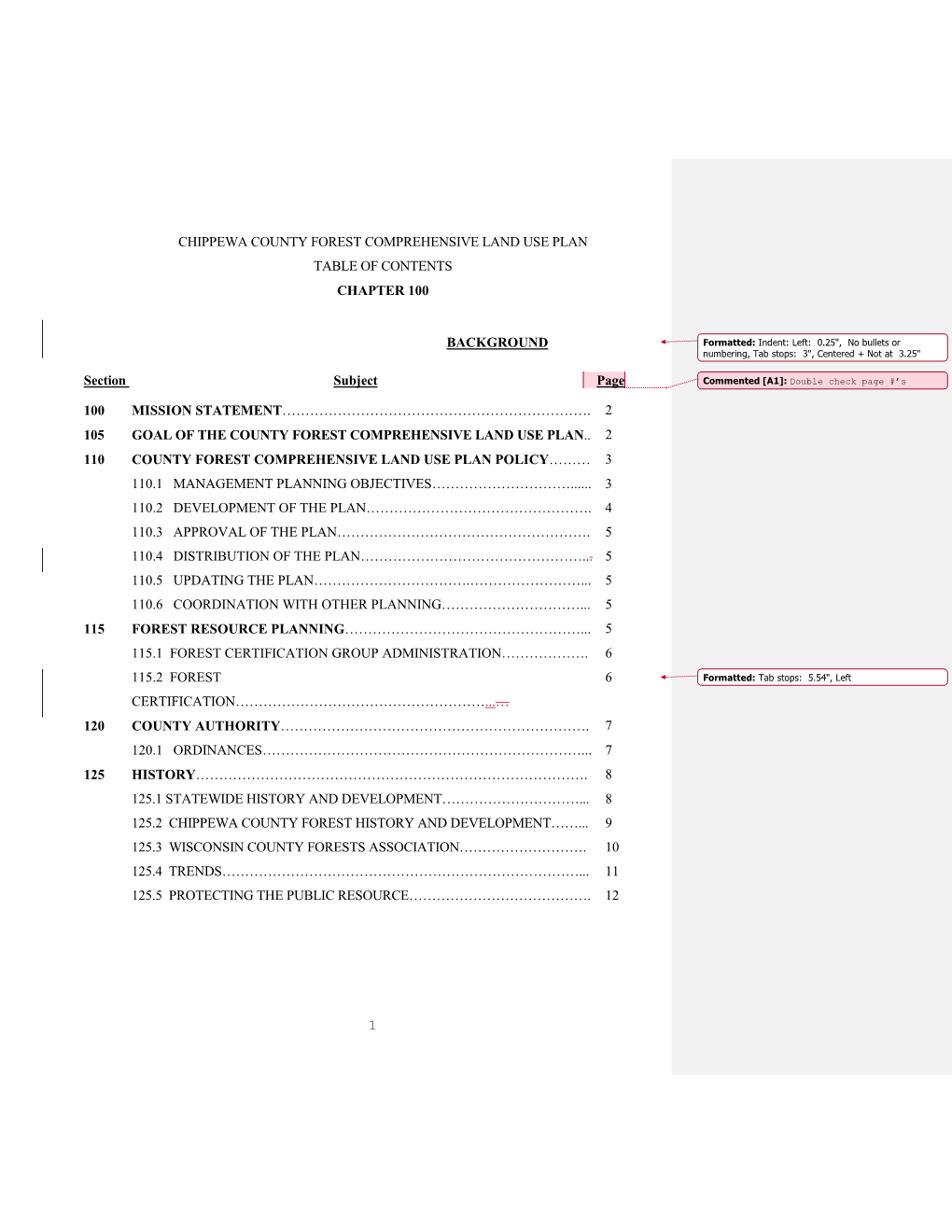 1 Chippewa County Forest Comprehensive Land Use Plan Table of Contents Chapter 200