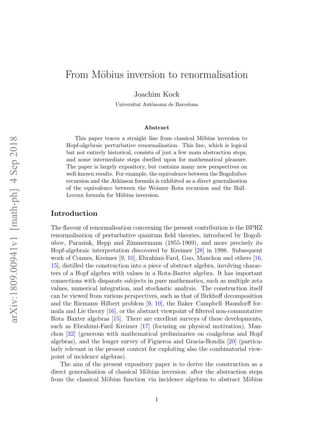 From Möbius Inversion to Renormalisation Arxiv:1809.00941V1