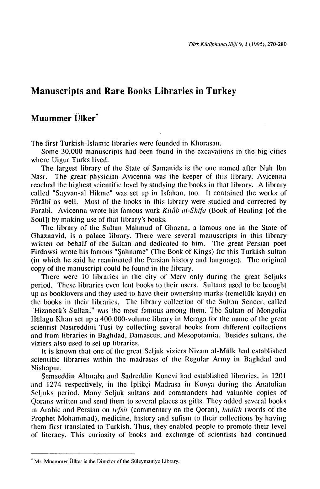 Manuscripts and Rare Books Libraries in Turkey