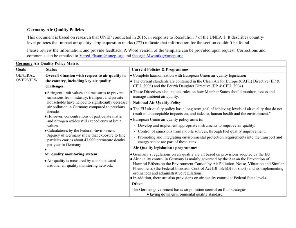 Germany Air Quality Policies This Document Is Based on Research That UNEP Conducted in 2015, in Response to Resolution 7 of the UNEA 1