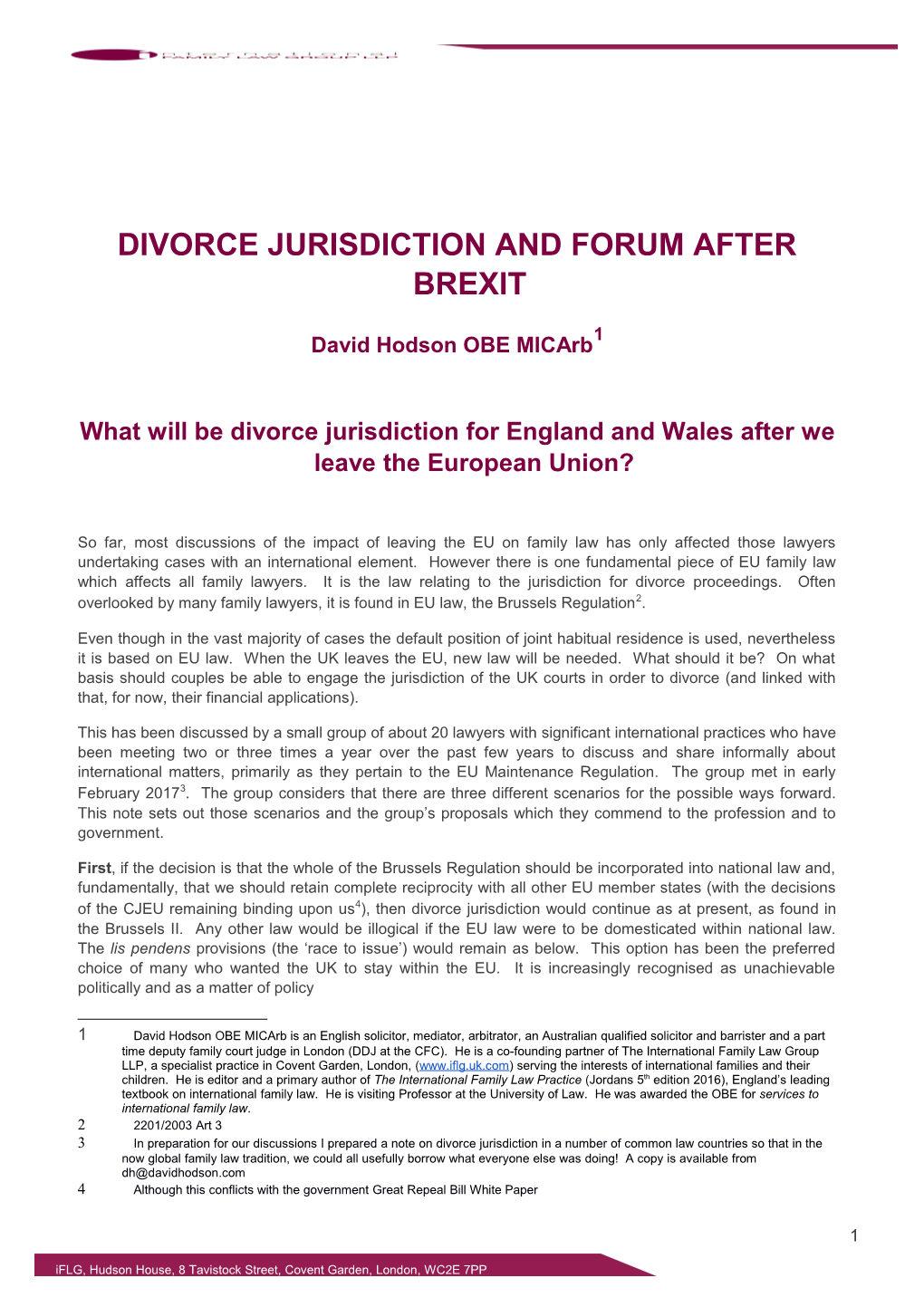 Divorce Jurisdiction and Forum After Brexit