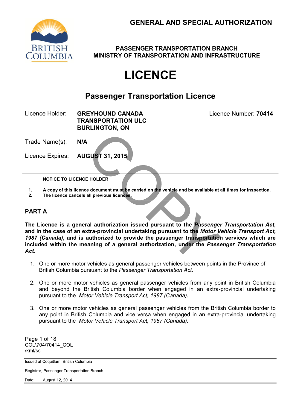 Greyhound Passenger Transportation Licence