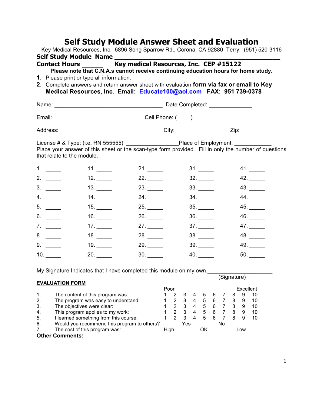 Self Study Module Answer Sheet and Evaluation