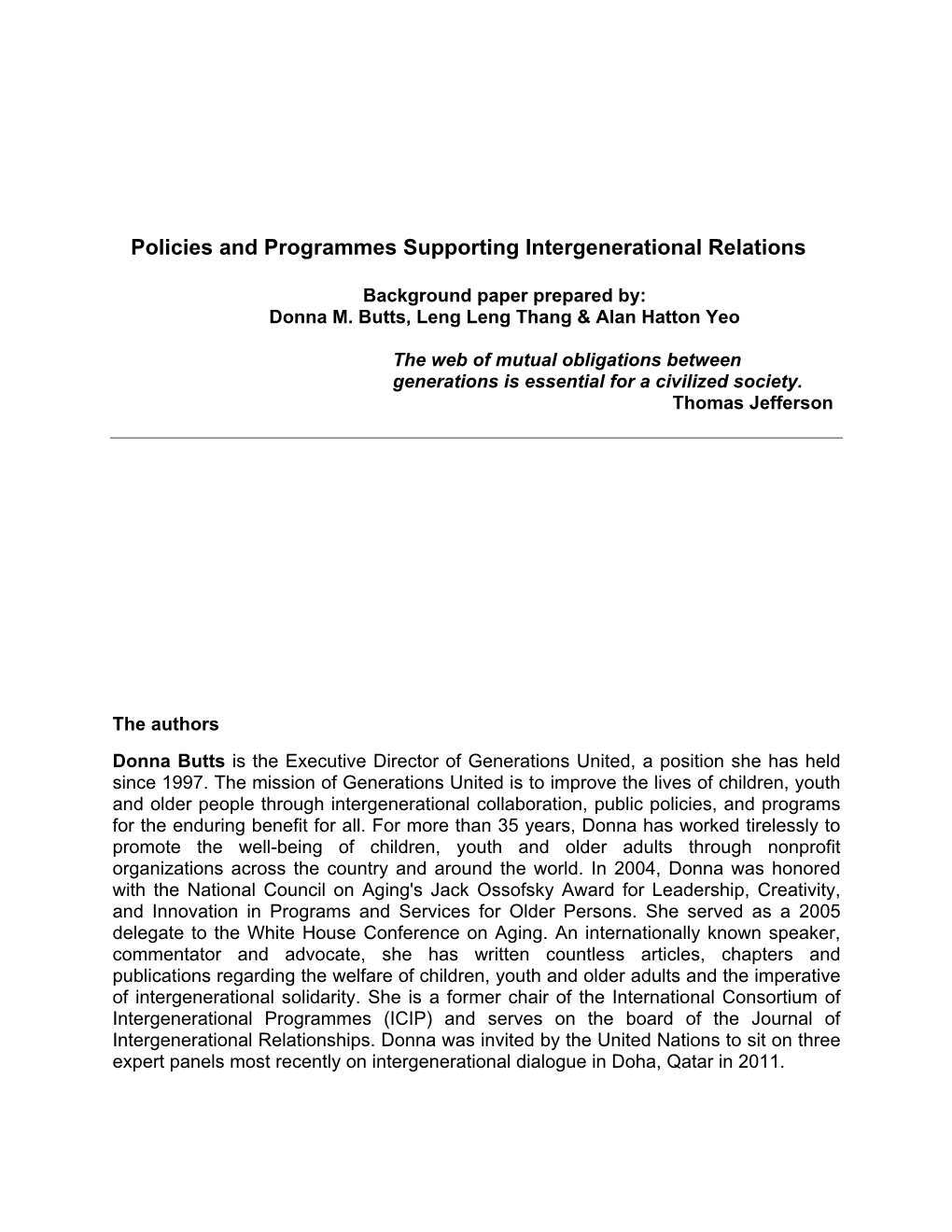 Policies and Programmes Supporting Intergenerational Relations