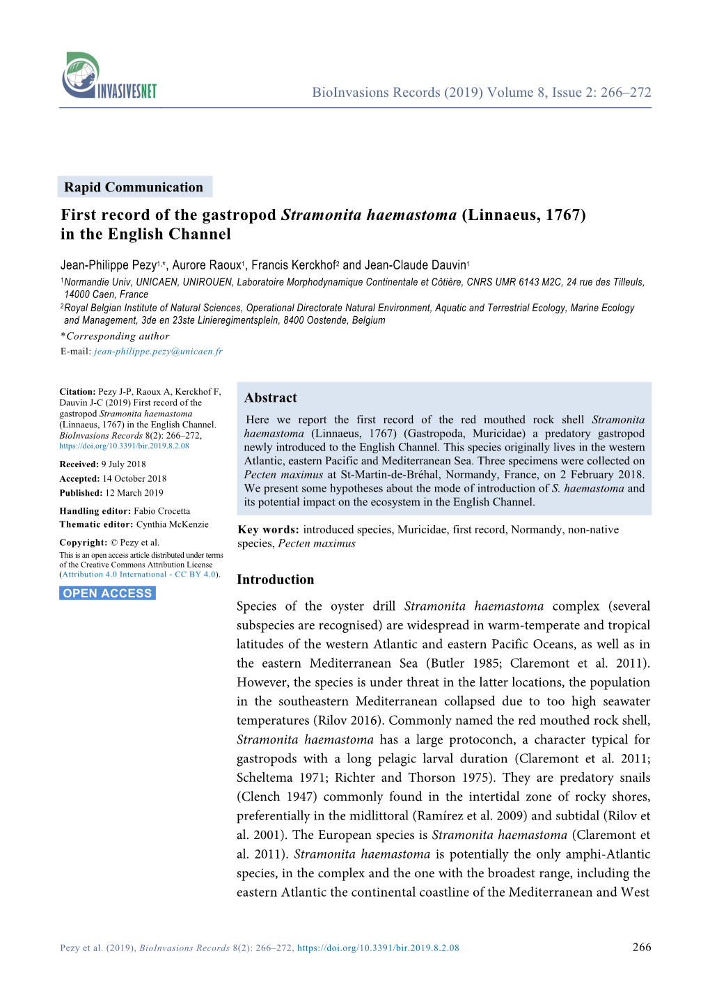 First Record of the Gastropod Stramonita Haemastoma (Linnaeus, 1767) in the English Channel