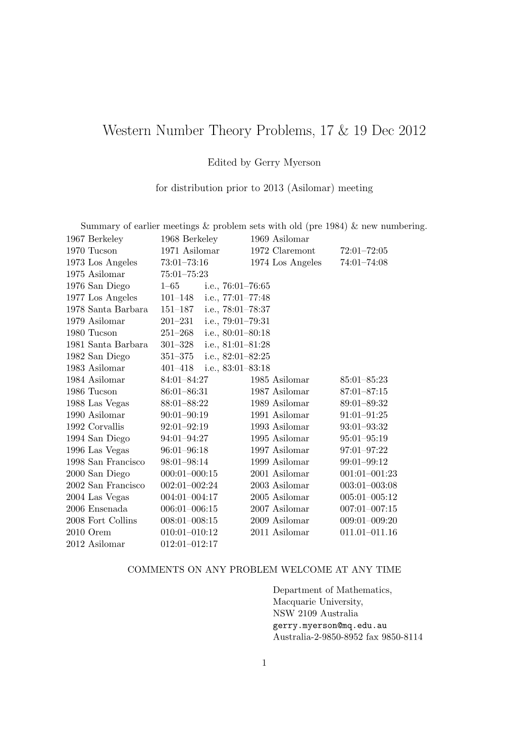 Western Number Theory Problems, 17 & 19 Dec 2012