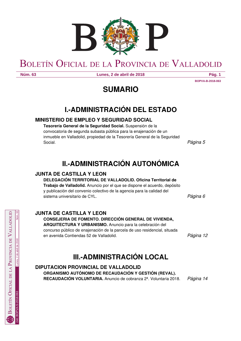 Sumario Boletín Oficial De La Provincia De Valladolid