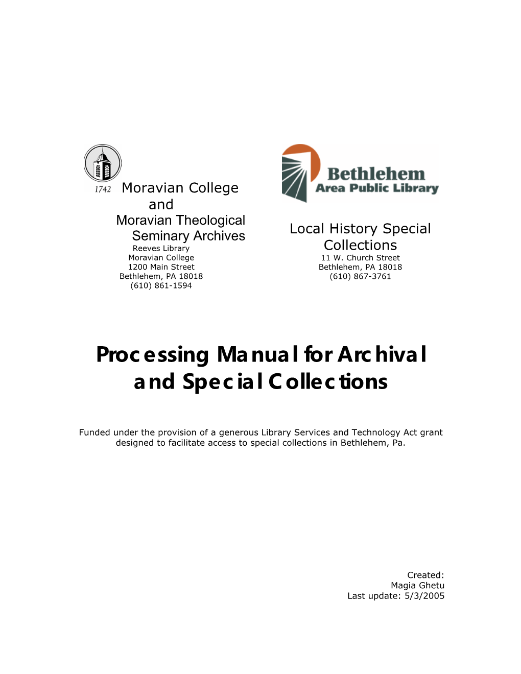 Processing Manual for Archival and Special Collections