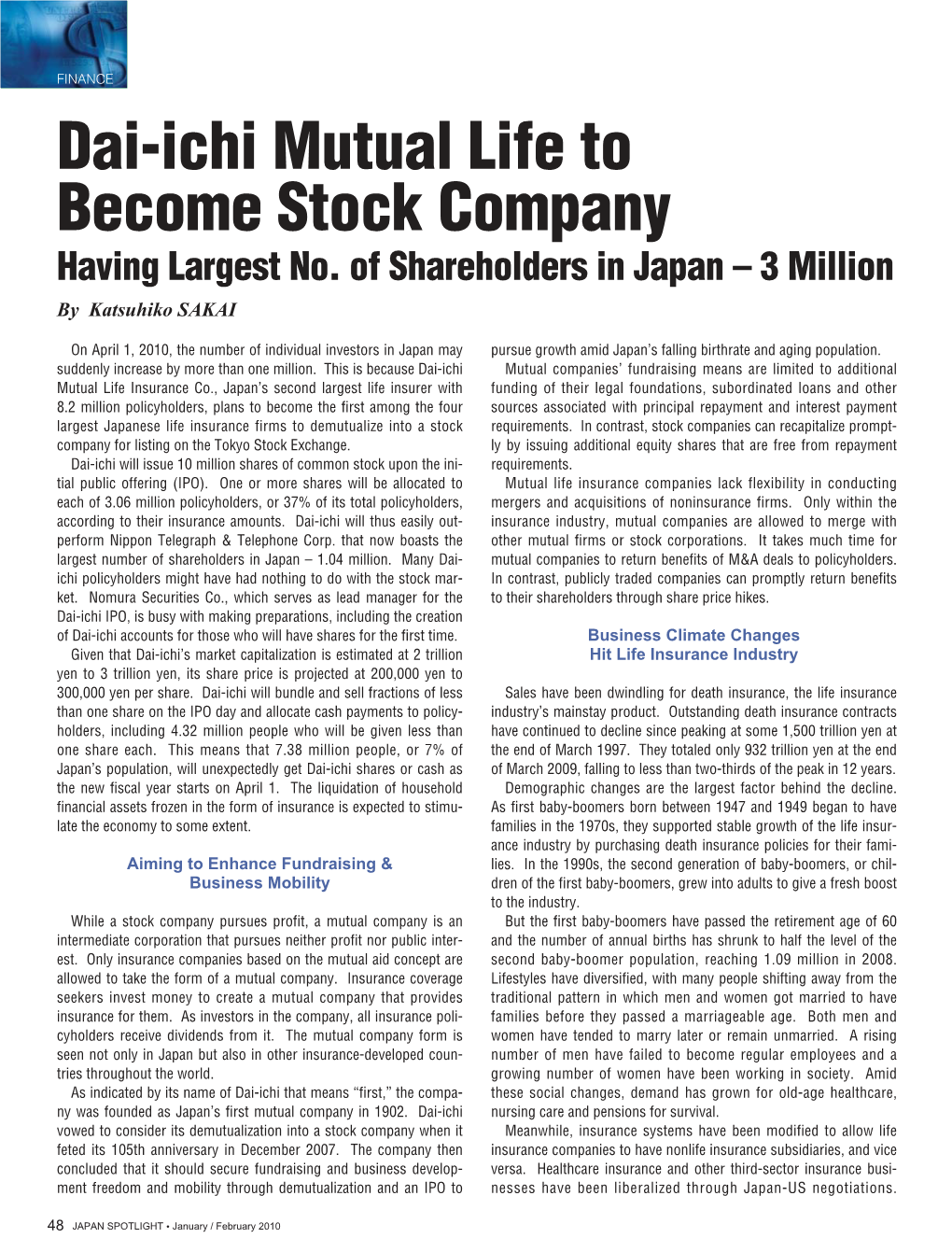 Dai-Ichi Mutual Life to Become Stock Company Having Largest No