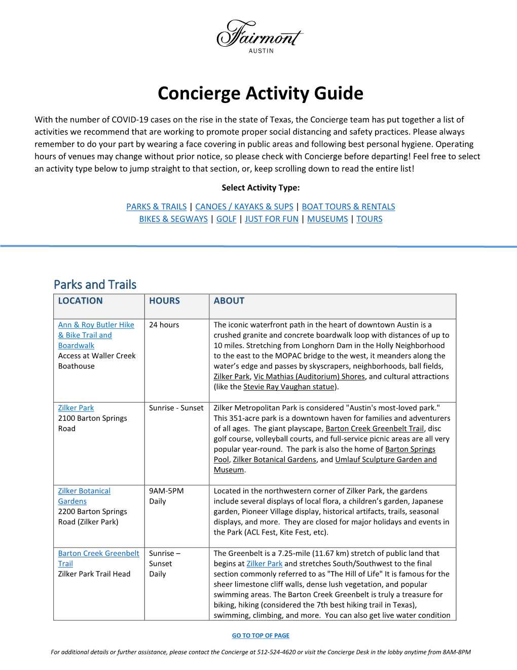 Concierge Activity Guide